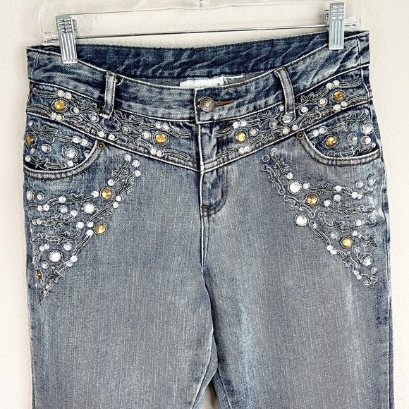 Jeanology Vintage Jeans Womens 29 Mid Rise Straight Leg Jeweled Bling Light Wash - Picture 2 of 5